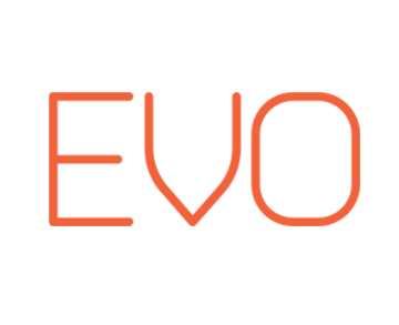 the word evo written in orange on a green background
